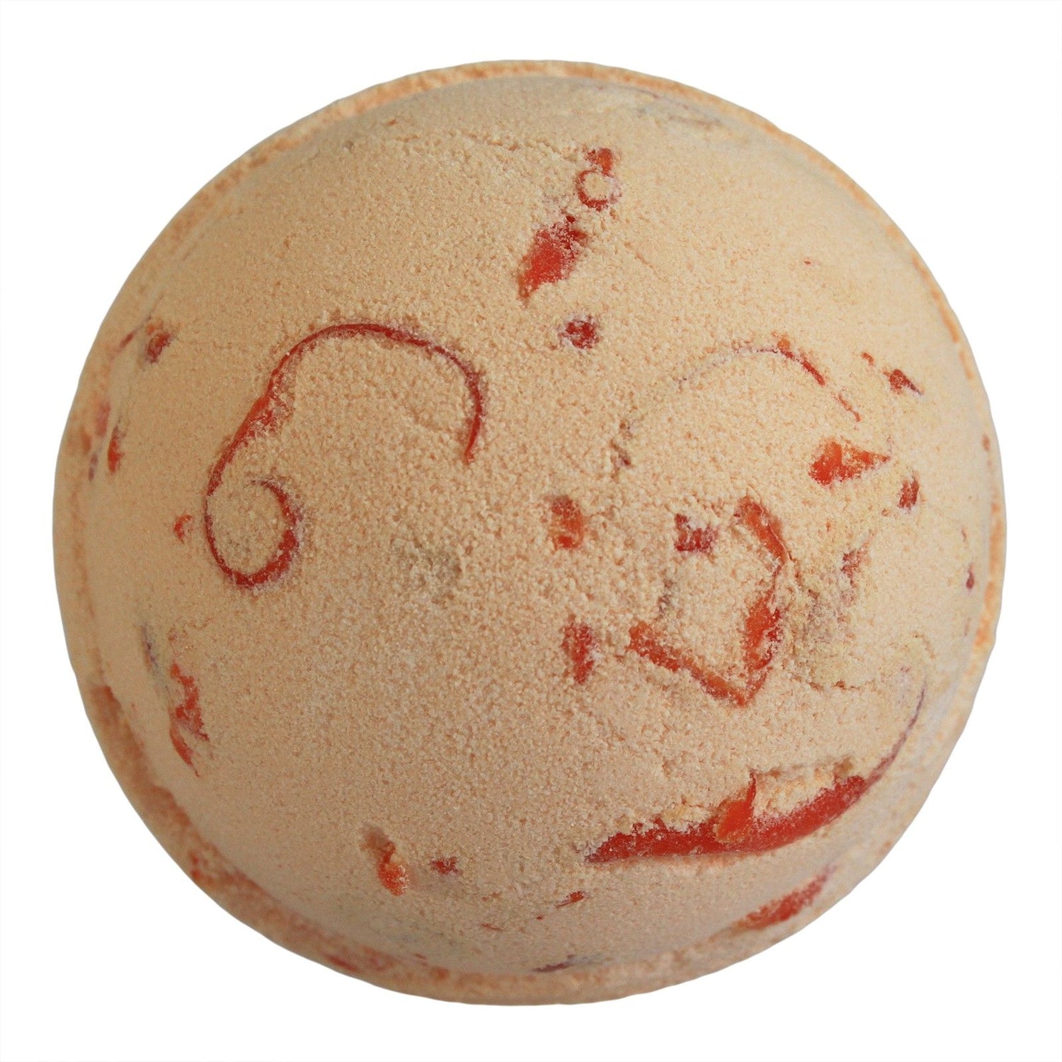 Bath bomb with red swirls on a white background