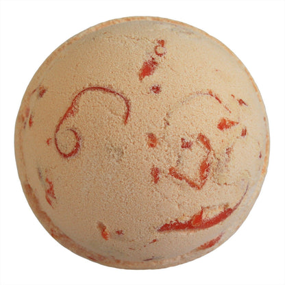 Bath bomb with red swirls on a white background
