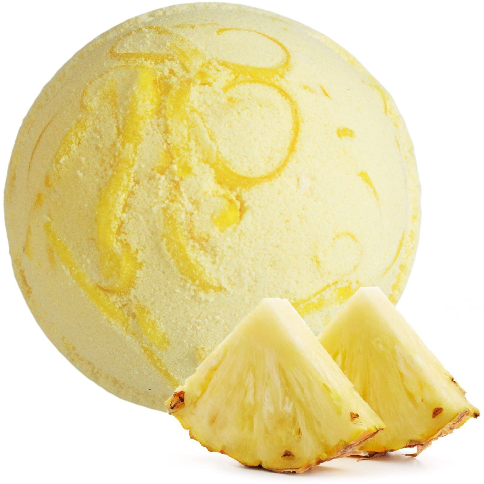 Marbled yellow bath bomb with two pineapple slices on a white background