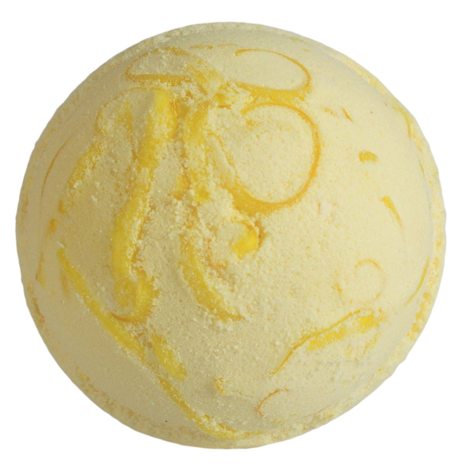 Yellow bath bomb with swirling pattern on a white background