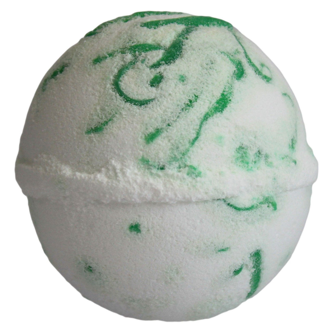 White bath bomb with green swirls on a white background