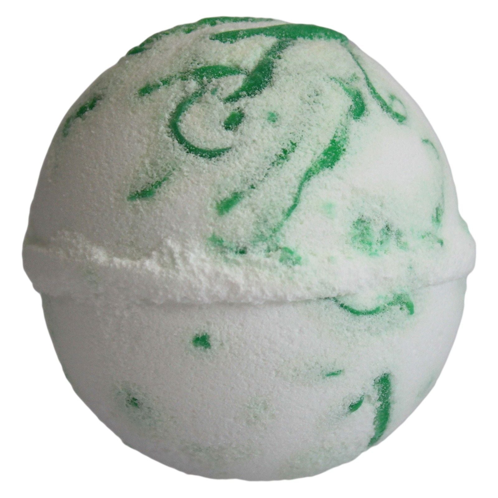 White bath bomb with green swirls on a white background