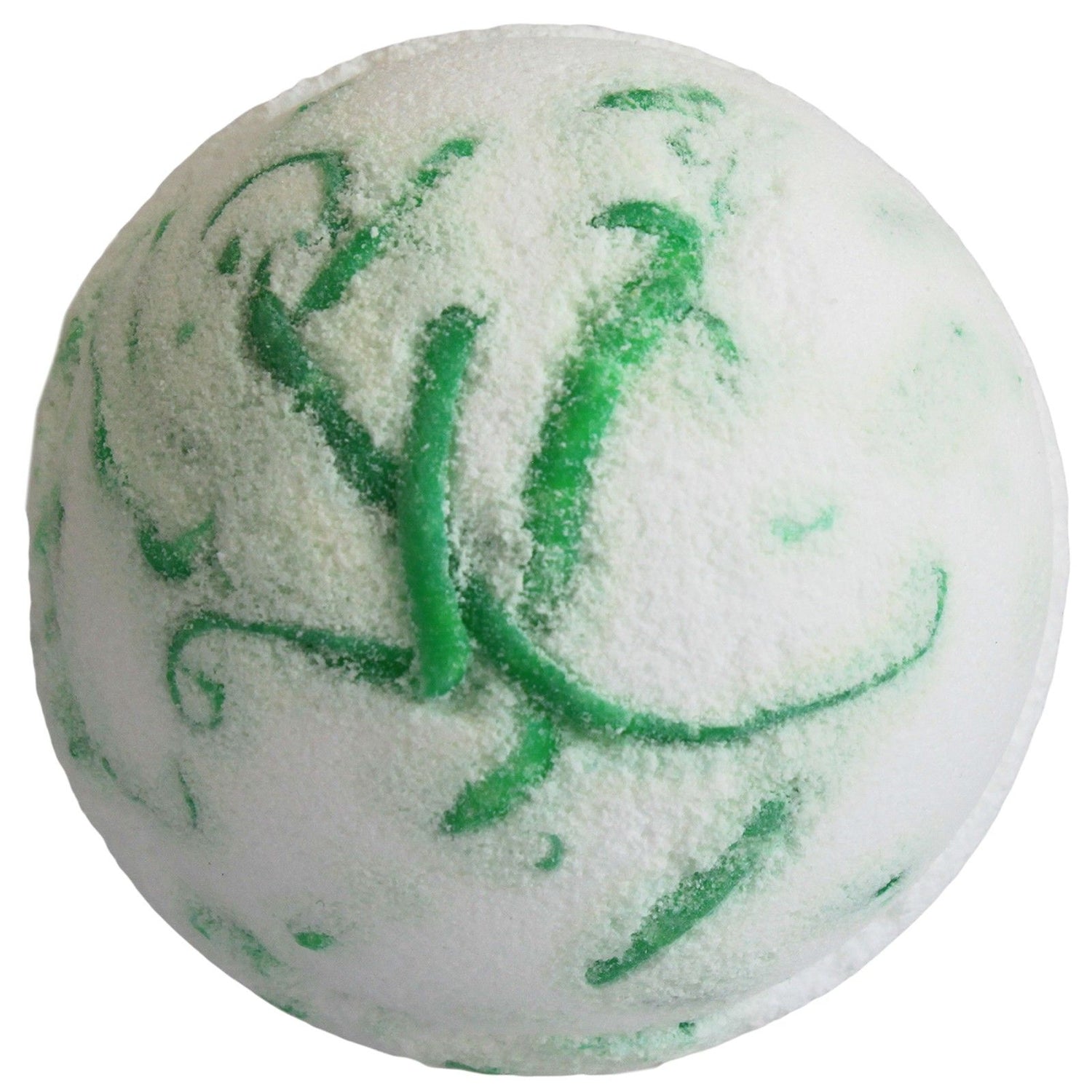 White bath bomb with green swirls on a white background