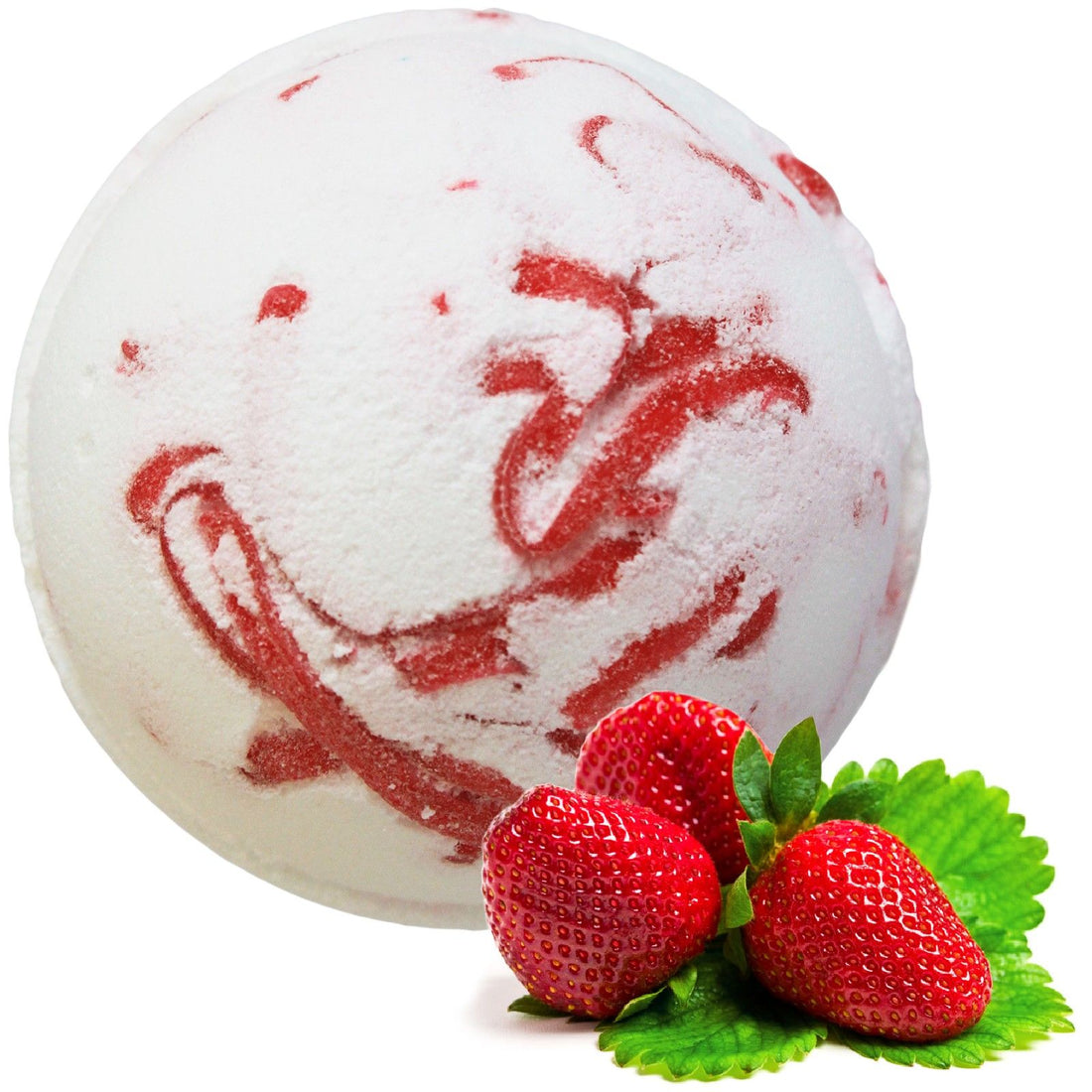 Bath bomb with red swirls and three strawberries on a white background