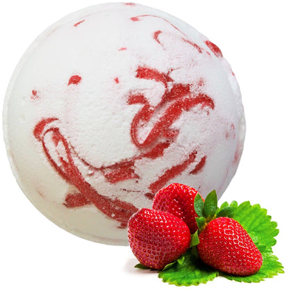 Bath bomb with red swirls and three strawberries on a white background