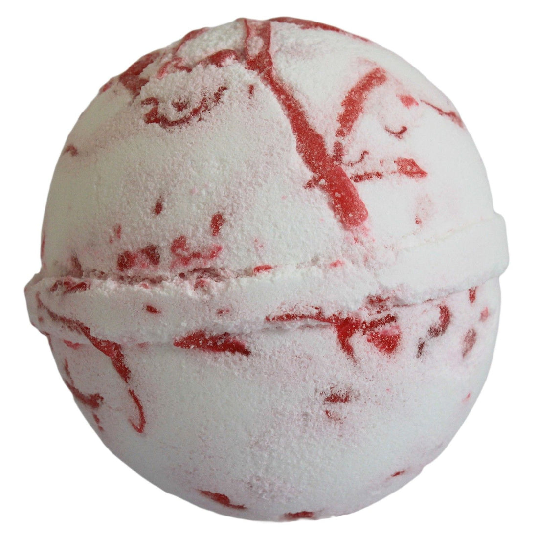 Marble-patterned bath bomb with red and white colors on a white background