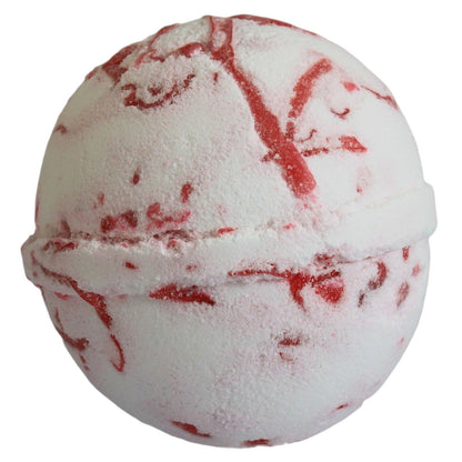 Marble-patterned bath bomb with red and white colors on a white background