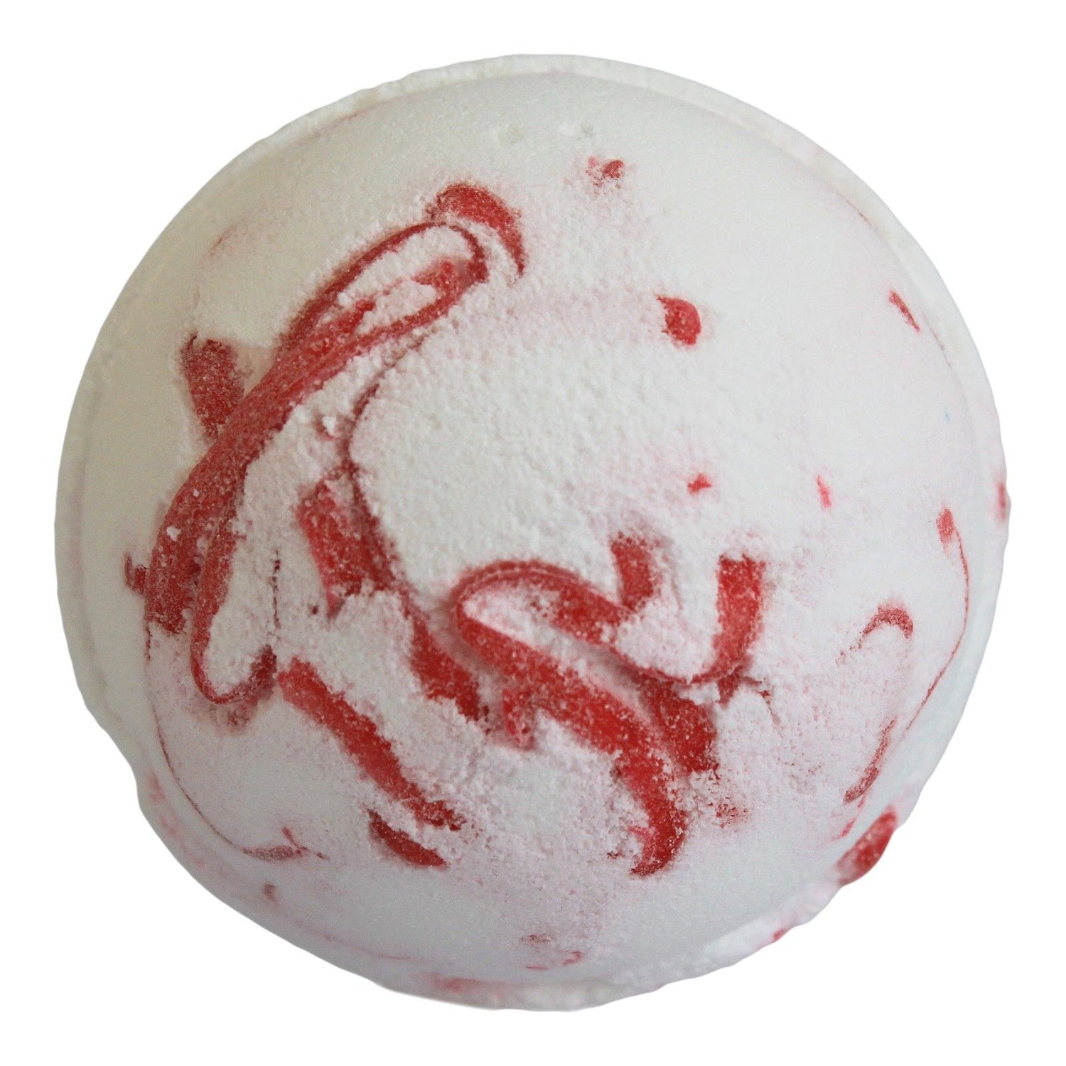 Bath bomb with red swirls on a white background