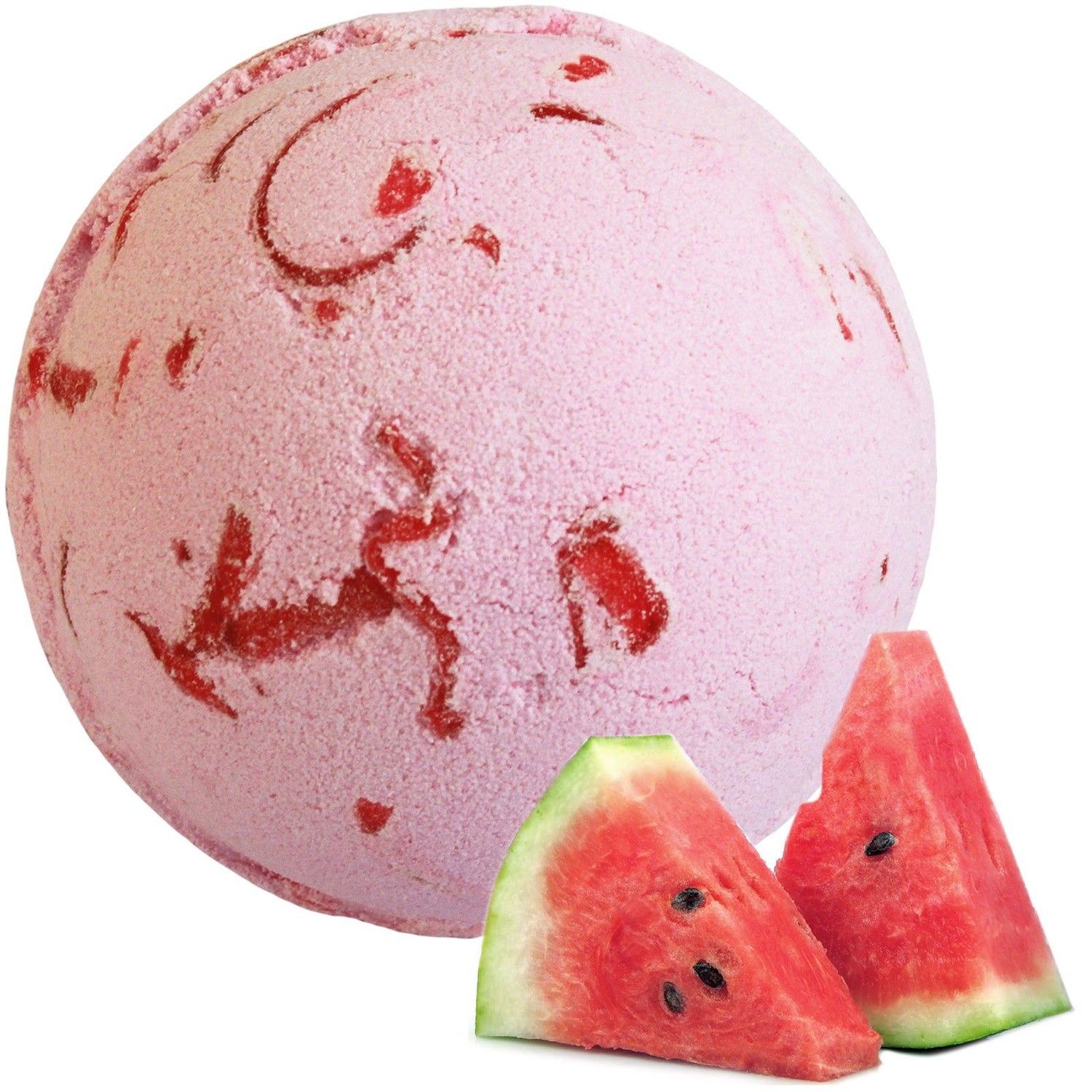 Pink bath bomb with red marbling and two watermelon slices on a white background