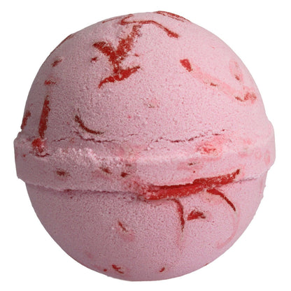 Pink bath bomb with red swirls on a white background
