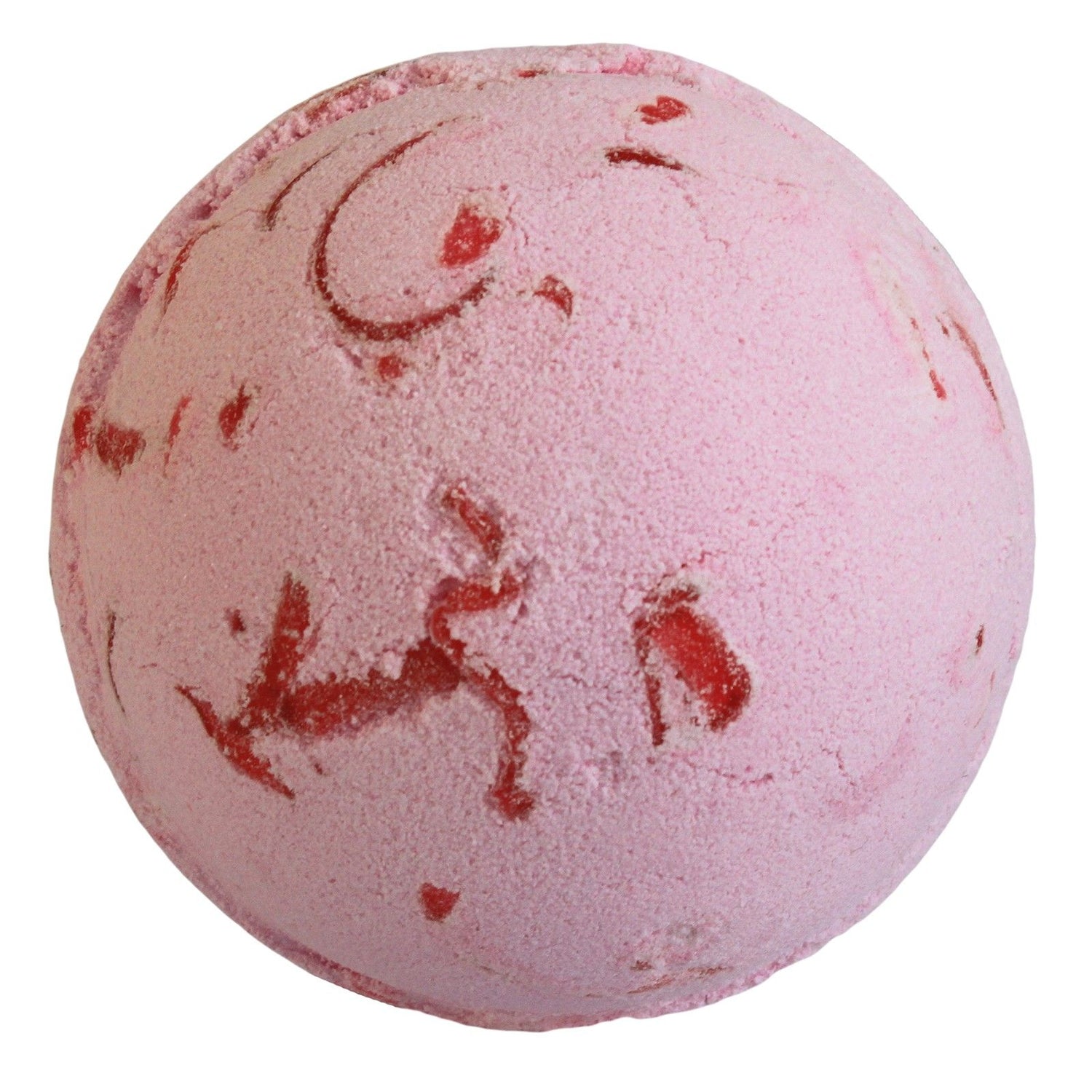 Pink bath bomb with red specks on a white background