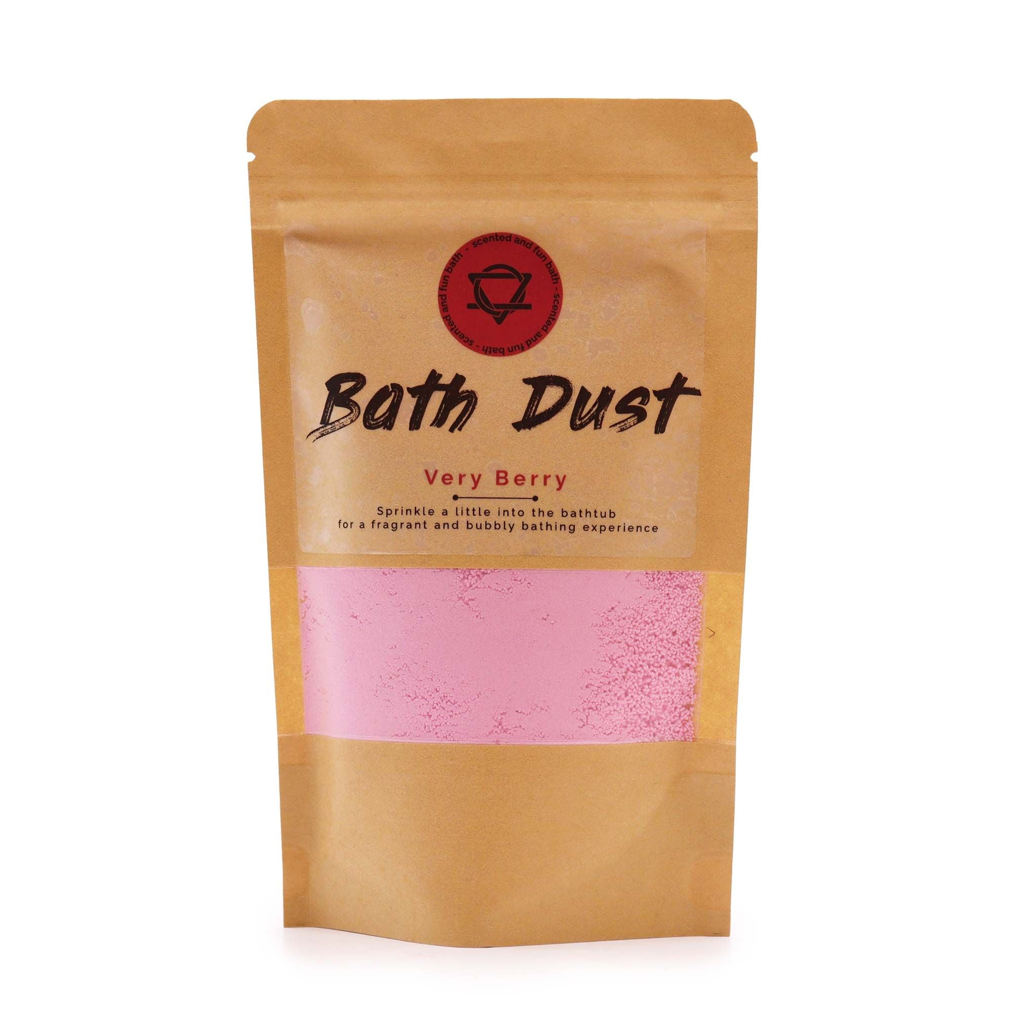 Bath Dust packaging with pink powder inside on a white background