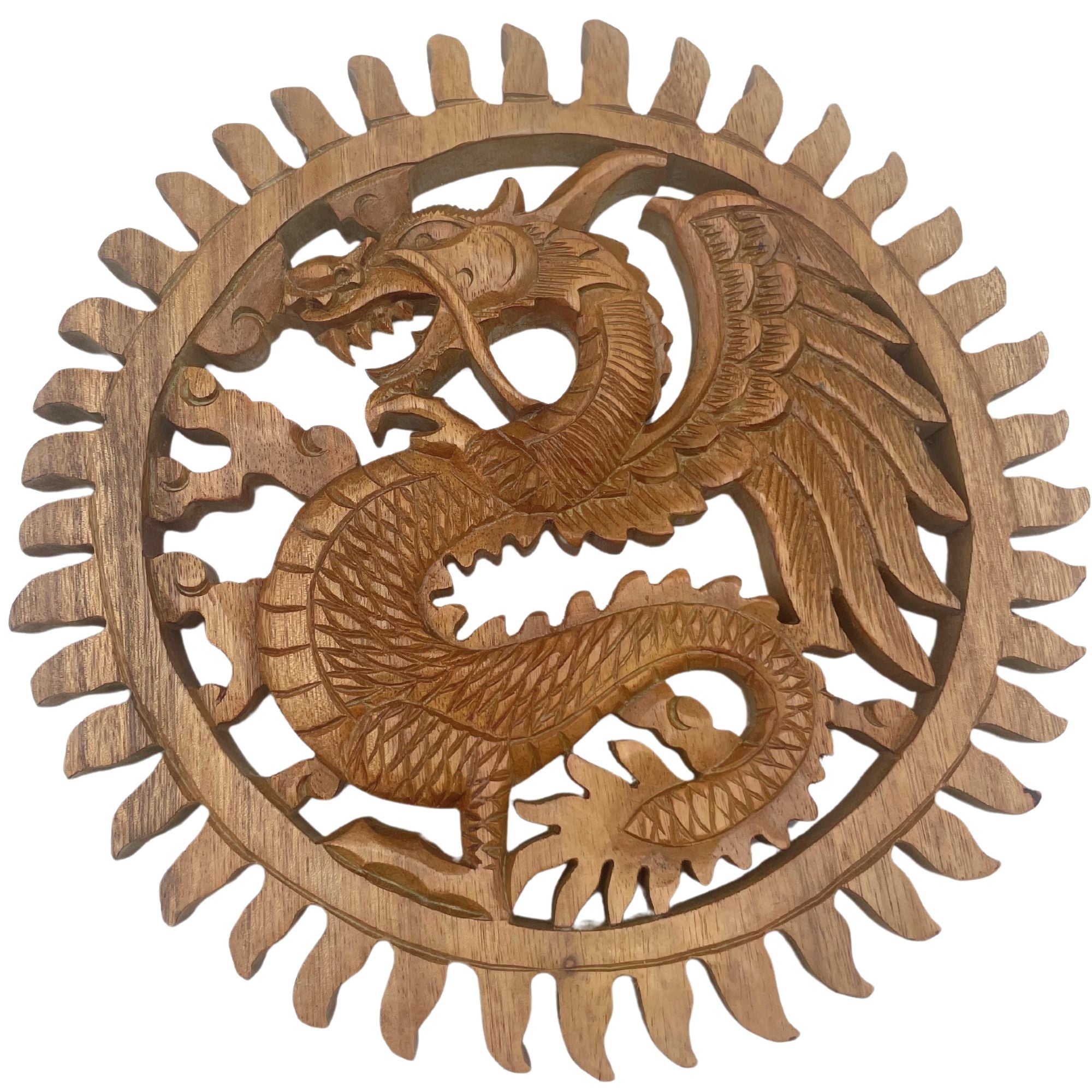 Wooden dragon design with circular pattern on a white background