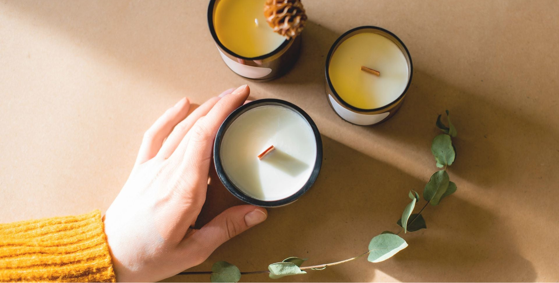 A hand wearing a yellow ribbed sweater holds a black-rimmed candle with white wax and a wooden wick. Two more candles with yellow wax and black rims are arranged on a brown surface with eucalyptus leaves.