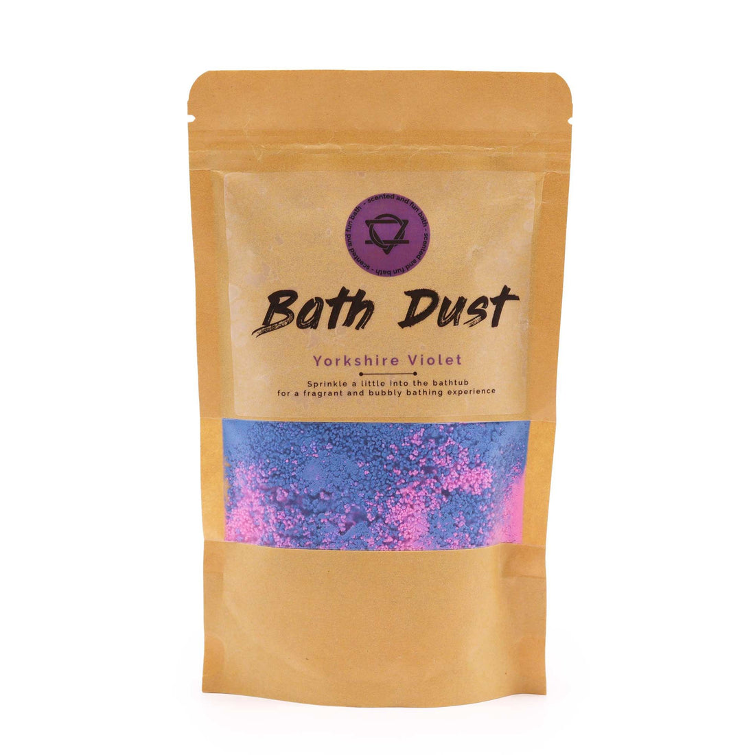 Package of Bath Dust with Yorkshire Violet fragrance on a white background